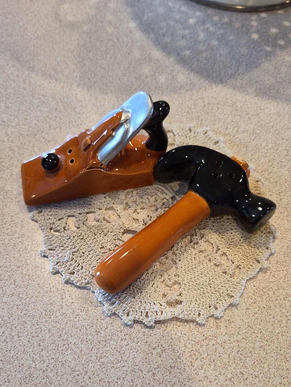 Ceramic Hammer and Plane Salt & Pepper Shakers - Black and Amber